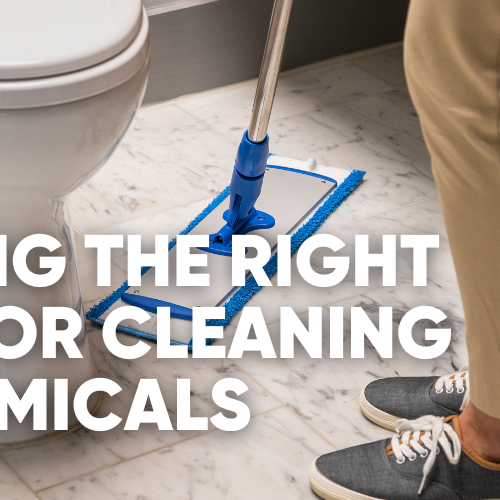 Person cleaning floor near a toilet with appropriate cleaning chemicals.