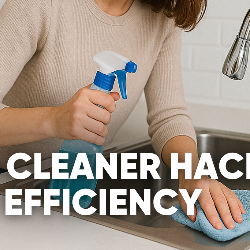 Person cleaning a sink with spray cleaner and cloth, text overlay about cleaning hacks.