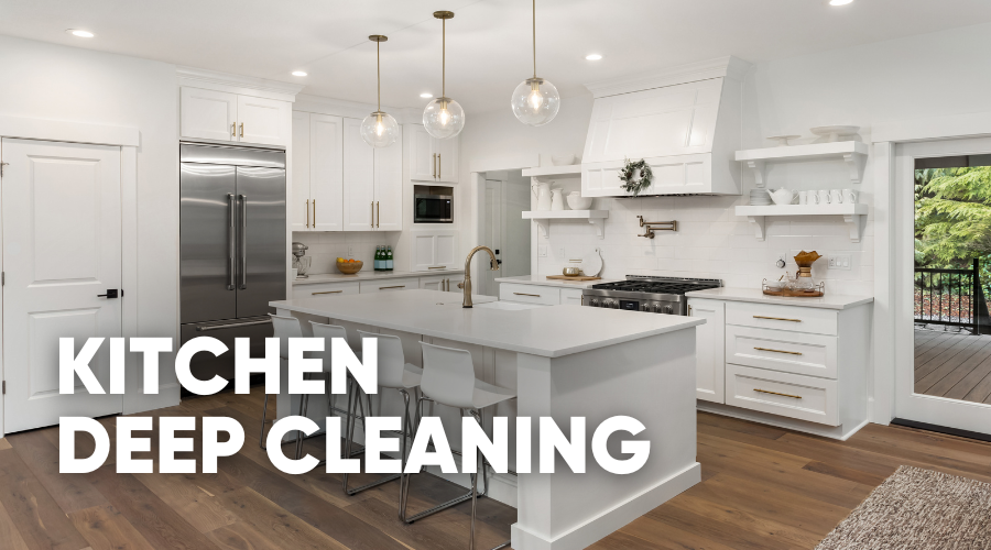 Modern kitchen interior with white cabinets and island, promoting deep cleaning.