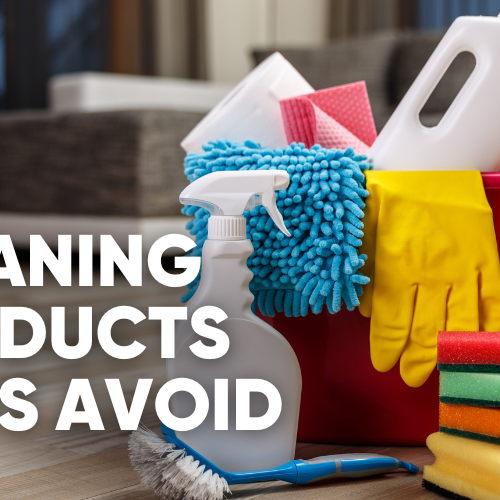 Cleaning supplies and equipment with text: "CLEANING PRODUCTS PROS AVOID.