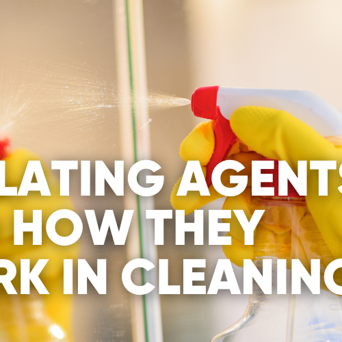 Hand holding a spray bottle with text about chelating agents in cleaning.
