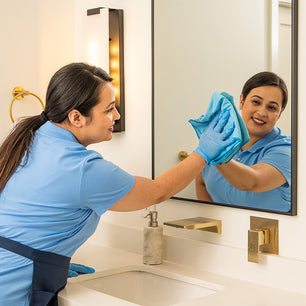 cleaning lady wiping a mirror in a bathroom with a microfiber cloth