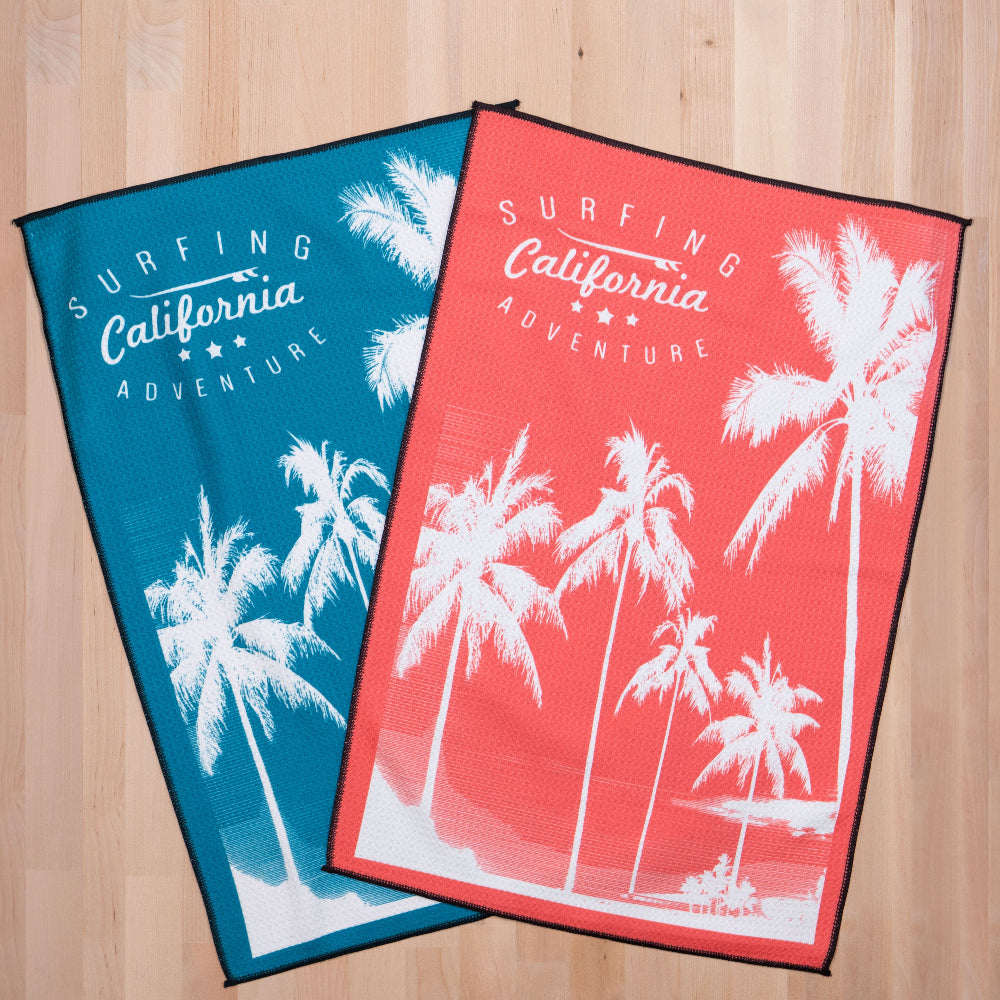 2printed microfiber waffle towels with surfing logo