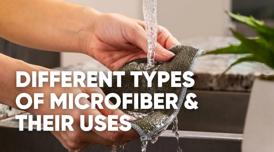 Hands rinsing a microfiber scrubber cloth under running water at a kitchen sink, titled Different Types of Microfiber and Their Uses