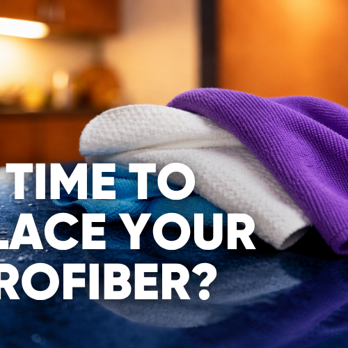 Stack of microfiber towels in different stages of wear, titled How to Tell When It's Time to Replace Your Microfiber