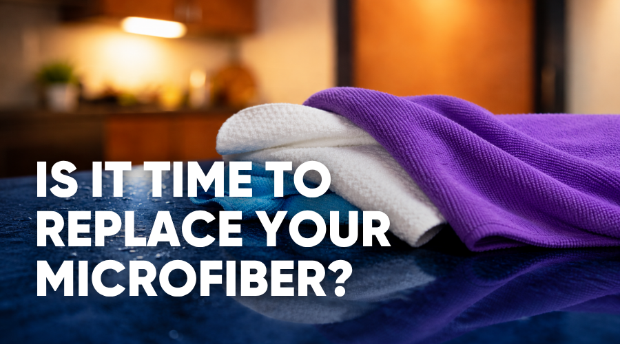 Stack of microfiber towels in different stages of wear, titled How to Tell When It's Time to Replace Your Microfiber