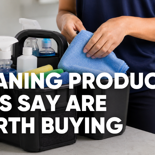 Flat-lay of cleaning aisle products including microfiber cloths, spray bottles, and a scrub brush, titled What's Actually Worth Buying From the Cleaning Aisle
