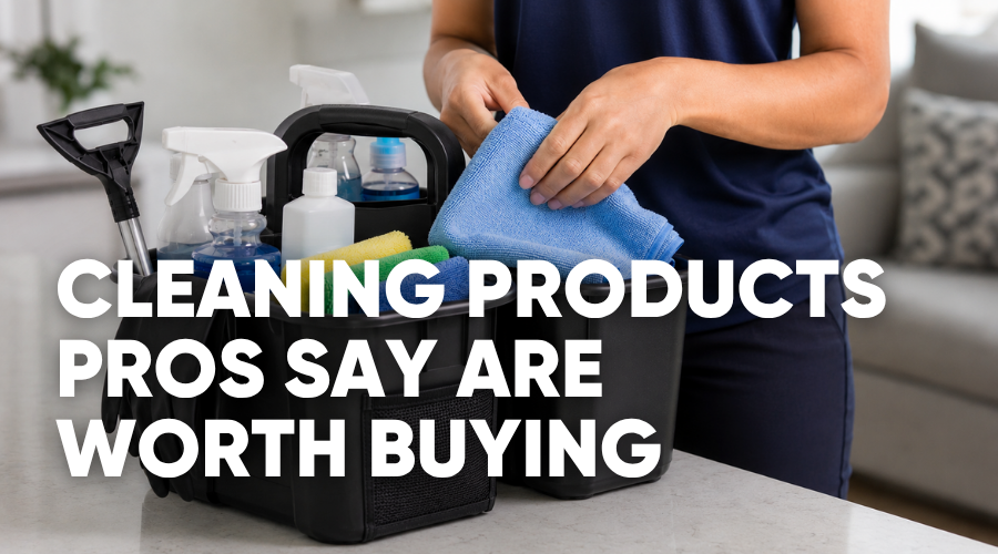 Flat-lay of cleaning aisle products including microfiber cloths, spray bottles, and a scrub brush, titled What's Actually Worth Buying From the Cleaning Aisle