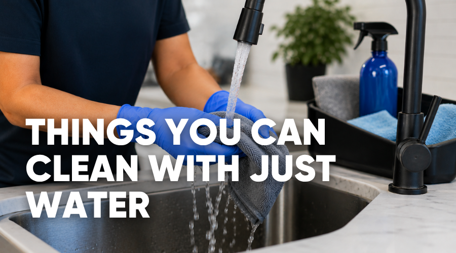 Cleaning supplies and a spray bottle of water on a counter, titled 20 Things You Can Clean With Just Water