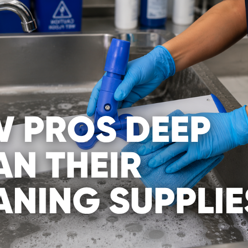 Cleaning supplies including cloths, brushes, and a bucket laid out for maintenance, titled How Pros Clean Their Cleaning Supplies