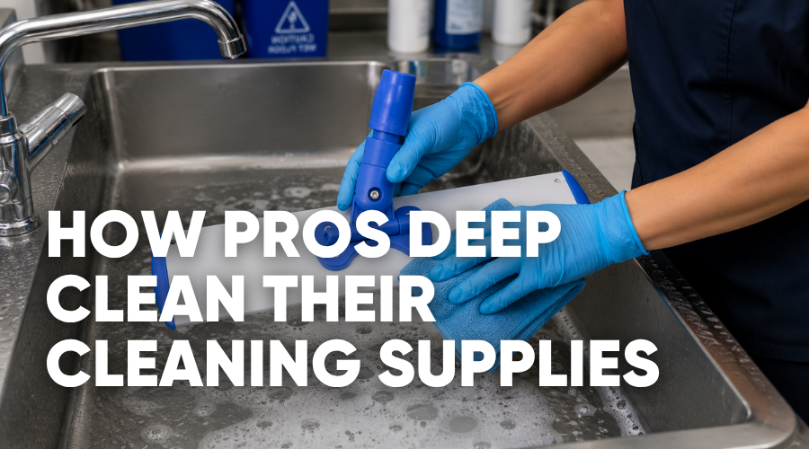Cleaning supplies including cloths, brushes, and a bucket laid out for maintenance, titled How Pros Clean Their Cleaning Supplies