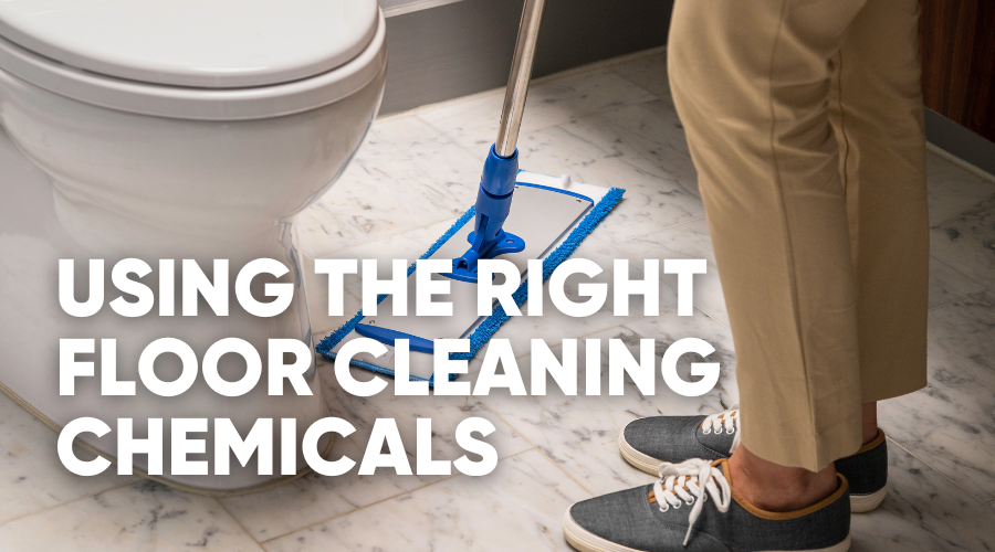 Person cleaning floor near a toilet with appropriate cleaning chemicals.