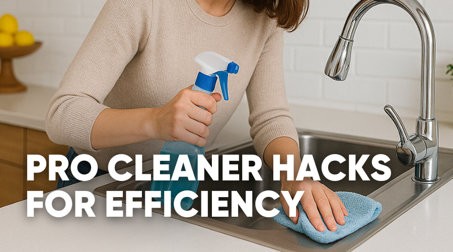 Person cleaning a sink with spray cleaner and cloth, text overlay about cleaning hacks.