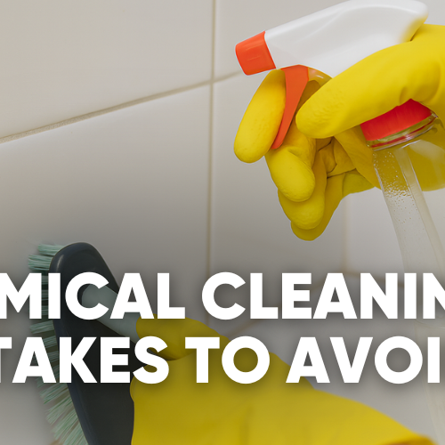 Person in yellow gloves spraying cleaner on tiles, text about cleaning mistakes.