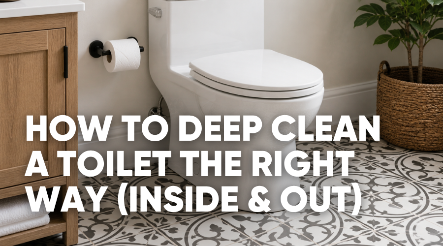 Toilet in a bathroom with cleaning instructions overlayed.