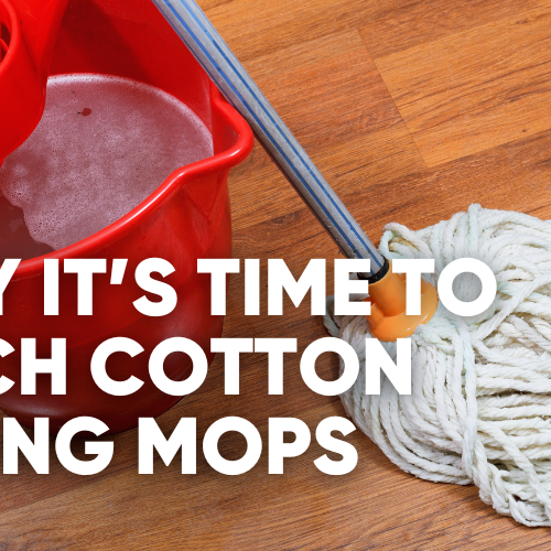 Mop and bucket on wooden floor with text about ditching cotton string mops.
