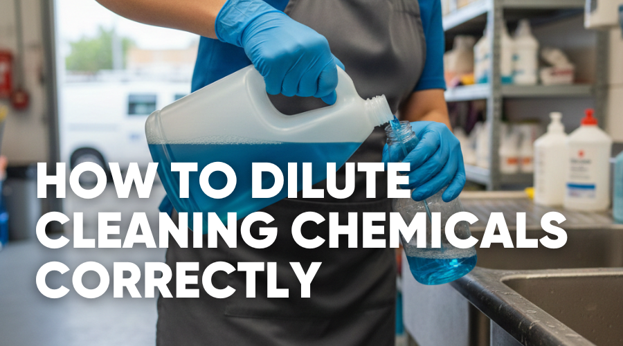 Person pouring cleaning chemicals with a text overlay on dilution instructions.