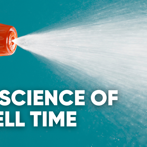 A spray bottle emitting a fine mist with text overlay.