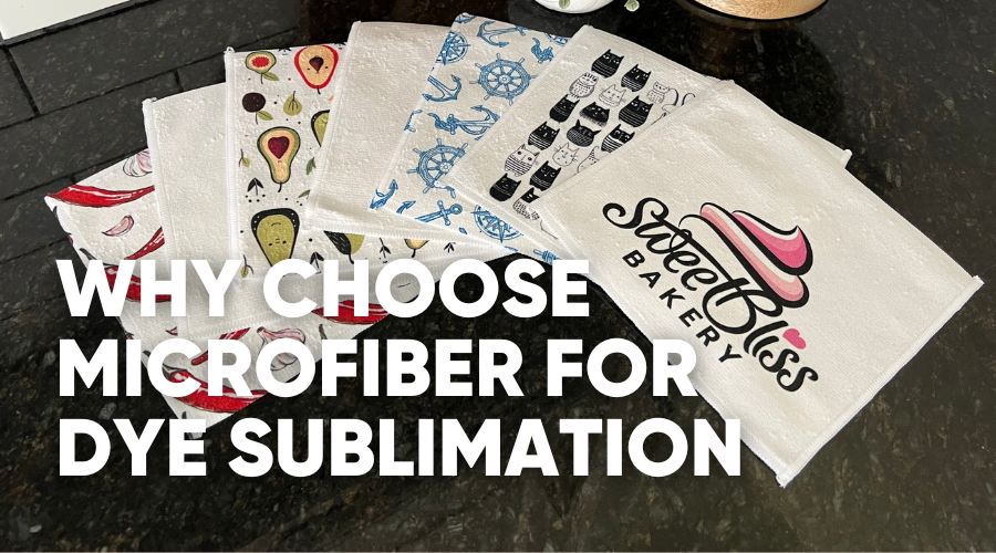 Microfiber cloths with various designs and text about dye sublimation benefits.
