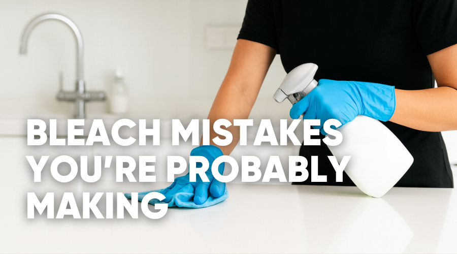 Person cleaning with bleach, highlighting common mistakes made during cleaning.