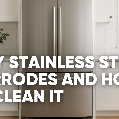 Image of a kitchen with a stainless steel refrigerator and cleaning tips text.