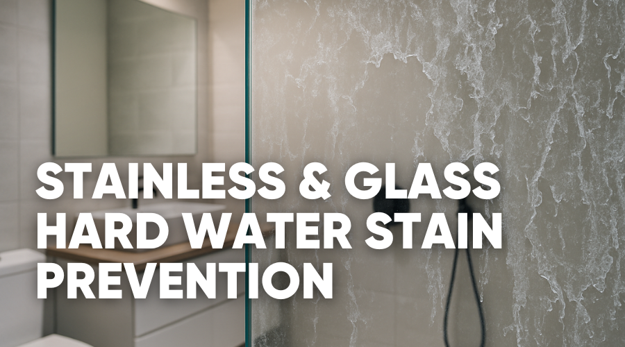 Stainless and glass hard water stain prevention signage in a bathroom setting.