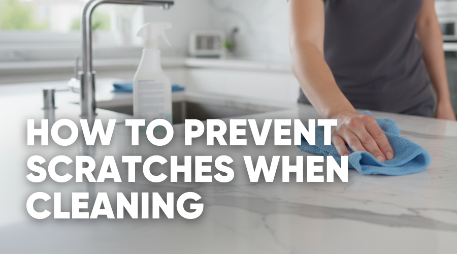 Person cleaning a countertop with a blue cloth, preventing scratches.