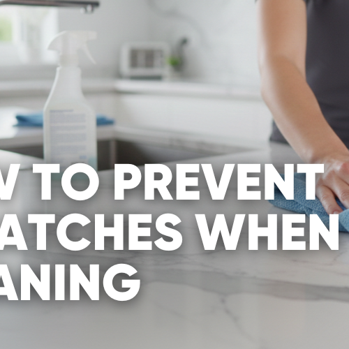 Person cleaning a countertop with a blue cloth, preventing scratches.