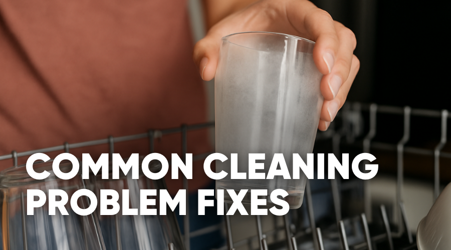 Person holding a cup from a dishwasher with text about cleaning fixes.