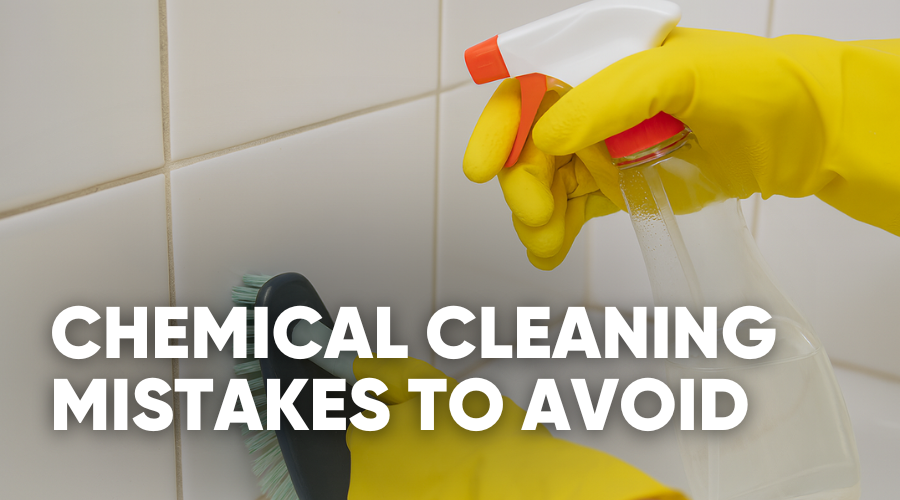 Person in yellow gloves spraying cleaner on tiles, text about cleaning mistakes.