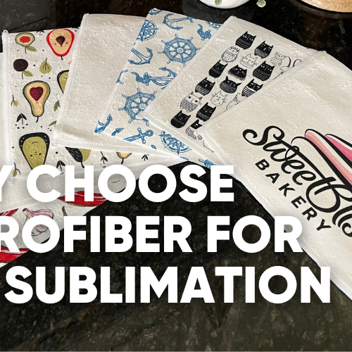 Microfiber cloths with various designs and text about dye sublimation benefits.