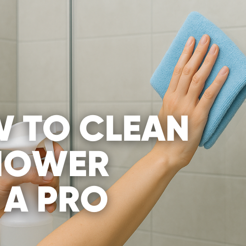A hand holding a blue cloth cleaning a shower.
