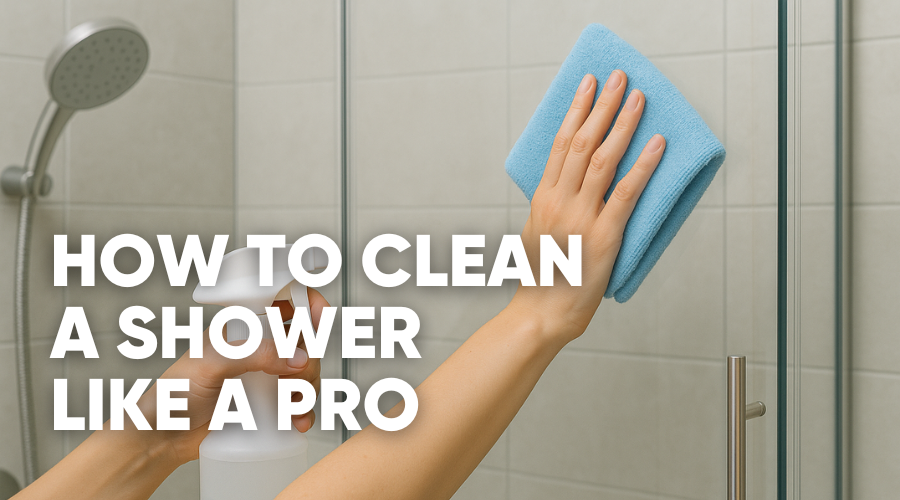 A hand holding a blue cloth cleaning a shower.