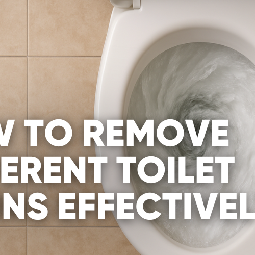 Toilet bowl with text on removing different toilet stains effectively.