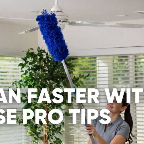 Person cleaning a ceiling fan with a blue duster, tips displayed.