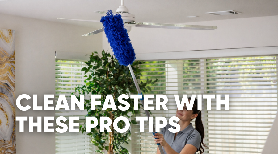 Person cleaning a ceiling fan with a blue duster, tips displayed.