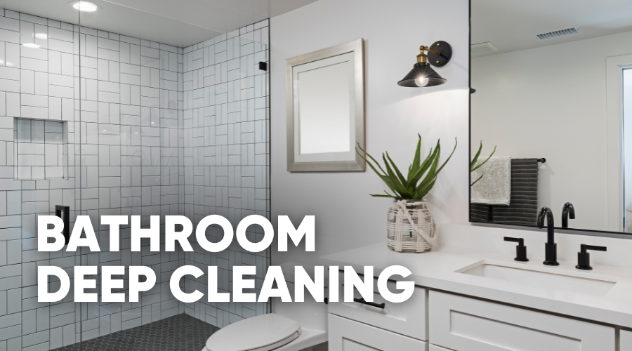 Bathroom interior with a focus on cleaning supplies and decor.