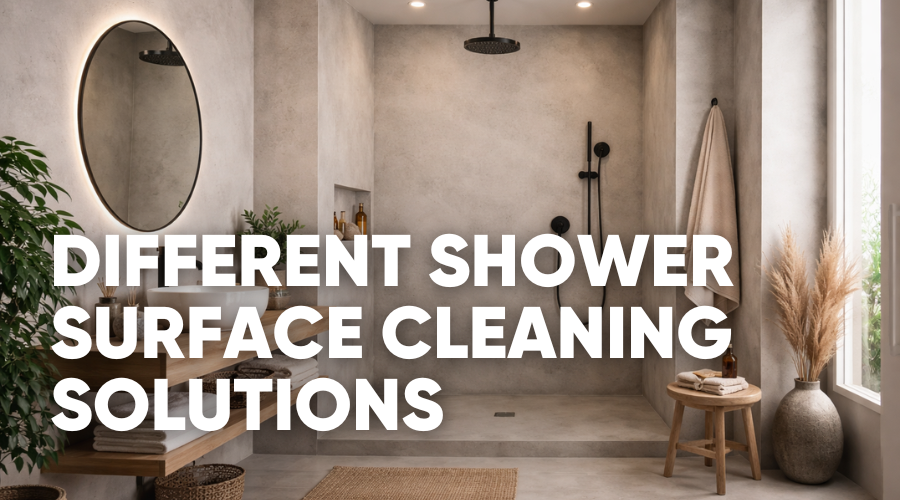 Modern bathroom showcasing various shower surface cleaning solutions.