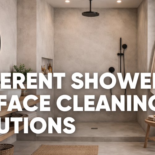 Modern bathroom showcasing various shower surface cleaning solutions.