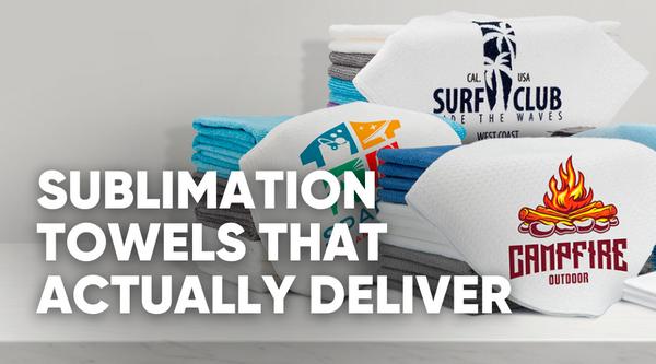 Sublimation towels displayed with logos and text promoting their quality.