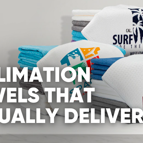 Sublimation towels displayed with logos and text promoting their quality.