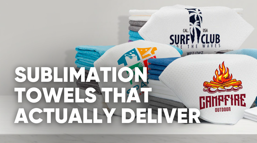 Sublimation towels displayed with logos and text promoting their quality.