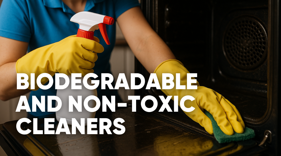 Person using biodegradable and non-toxic cleaners with spray bottle and sponge.