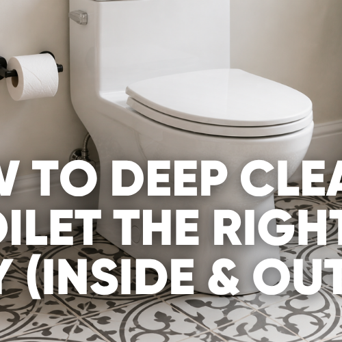 Toilet in a bathroom with cleaning instructions overlayed.