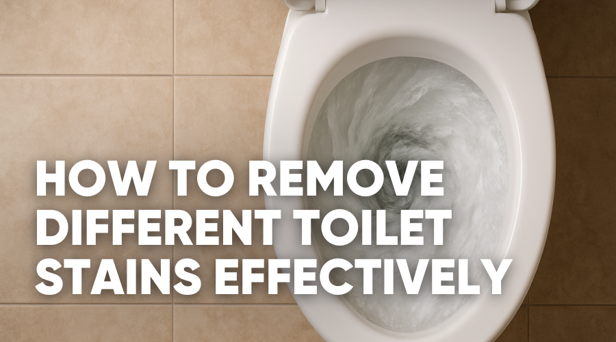 Toilet bowl with text on removing different toilet stains effectively.