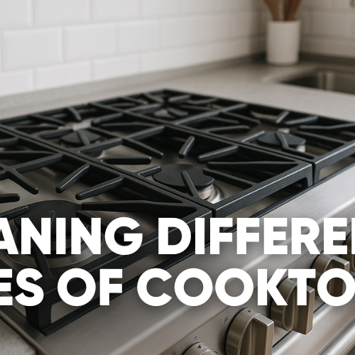 Cleaning different types of cooktops on a kitchen countertop.