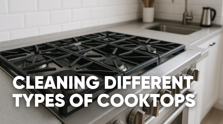 Cleaning different types of cooktops on a kitchen countertop.