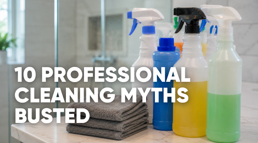 Bottles of cleaning products and towels with text about cleaning myths.