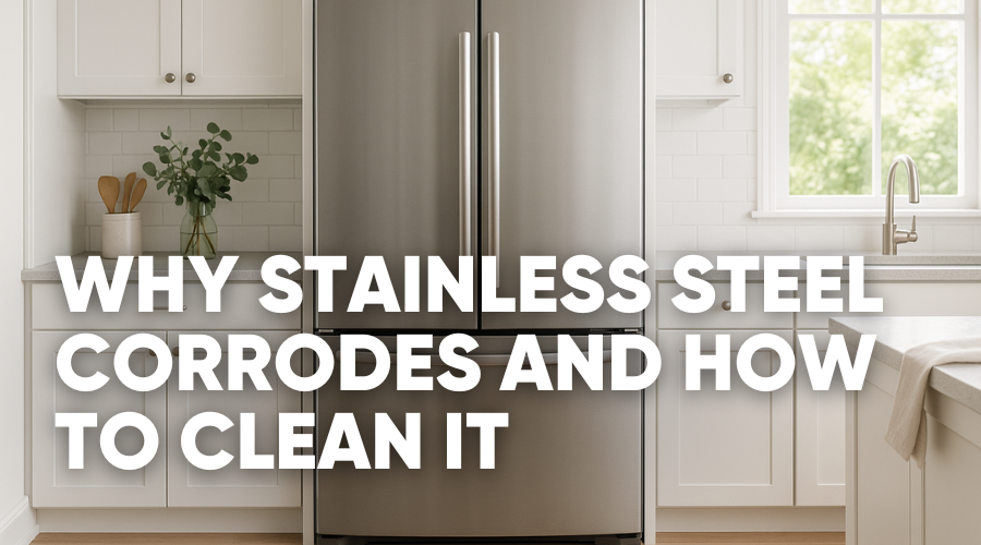 Image of a kitchen with a stainless steel refrigerator and cleaning tips text.