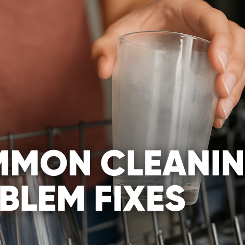 Person holding a cup from a dishwasher with text about cleaning fixes.